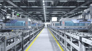 Temiz enerji fabrikasında yüksek teknoloji üretimi sırasında taşıma bantları üzerine taşınan güneş panelleri, montaj hatlarına yerleştirilen güneş enerjisi elektrik üretmek için kullanılan PV hücreleri
