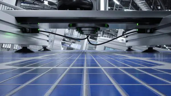 Solar panel placed on conveyor belt, operated by robot arm, moving around facility, Close up of photovoltaic cell produced in green technology manufacturing warehouse
