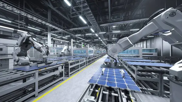 Solar Panel Factory Industrial Robot Arms Placing Modules Automation Lines — Stock Photo, Image