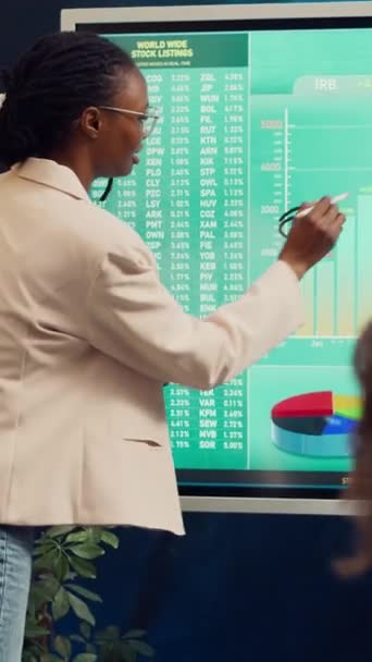 Finansielle Analytikeres Team Evaluerer Markedstrender Infografikk Gjennomgår Forretningsintelligensstrategier Utnytte Datainnsikt – stockvideo