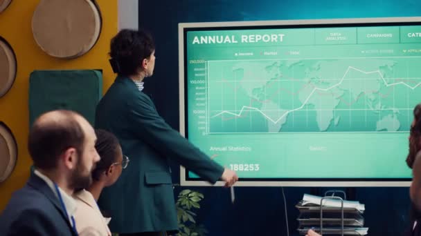 Business Affiliates Reviewing Annual Infographics Reports Corporate Briefing Meeting Develop — Stock Video