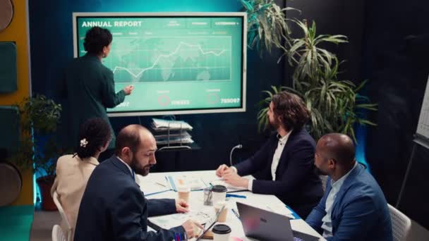 Office Administrator Presenting Data Reports Funding Interactive Board Deliberating Income — Stock Video