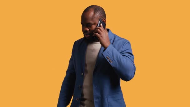 Joyous Man Positive Emotion Enjoying Talking Friends Phone Call Using — Stock Video