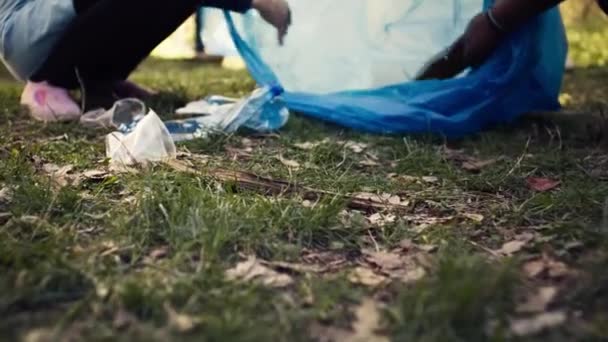 不同的志愿者收集垃圾 储存在垃圾袋中 捡拾垃圾和塑料垃圾 以帮助解决森林污染问题 清理森林 保护生态系统 靠近点摄像头B — 图库视频影像