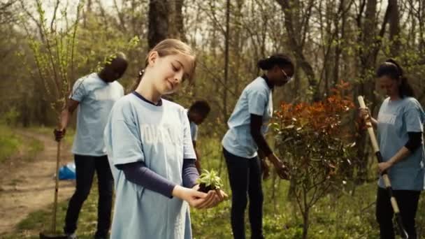 小女孩为了保护森林生境和生态系统 拿着一个带有天然土壤的绿色小苗 在环境保护的奉献下成长的孩子 摄像头B — 图库视频影像