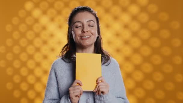 Happy Woman Raving Amazing Book Showing Thumbs Sign Enjoying Blissful — Stockvideo