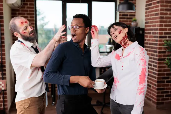 Employees Wearing Zombie Costumes Goofing Manager Office Pretending Possess Him — Stock Photo, Image
