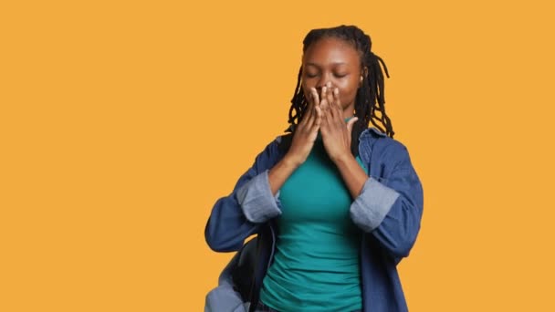 African American Woman Covering Eyes Ears Mouth Hands Imitating Three — Stock Video