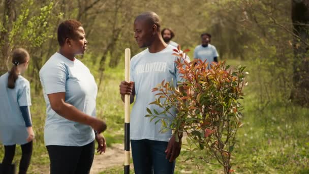 非洲裔美国人夫妇通过植树 收集垃圾和培养意识为保护自然环境而奋斗的画像 志愿人员拯救了地球 相机A — 图库视频影像