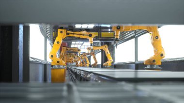 Üretilmiş malları taşıma bantlarına yerleştirmek için kullanılan robotik silahlarla otomatik depo, 3D görüntüleme. Yüksek teknoloji dağıtım merkezinde montaj hatları ve ağır makine birimleri