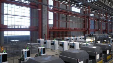 Modern automated logistics depot with machines featuring control panels and screens used for real time adjustments. Rows of computerized equipment units in factory, 3D render clipart