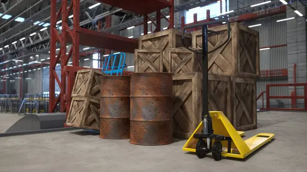 Industrial Warehouse Wooden Crates Rusted Barrels Pallets Cart Used Transportation Ліцензійні Стокові Зображення