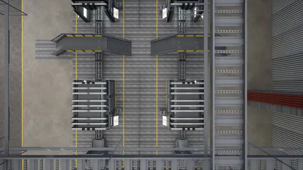 Top View Automated Factory Conveyor Belts Transporting Manufactured Products Rendering Стокове Фото
