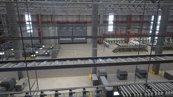 Huge Empty Storage Hall Rows Industrial Machines Conveyor Belts Robotic Stockafbeelding