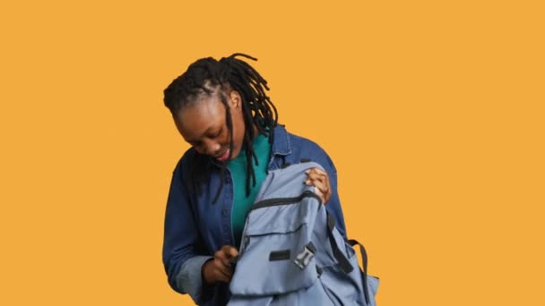 Portrait Upbeat Woman Searching Backpack Looking Financial Graphs Papers School — Stock Video