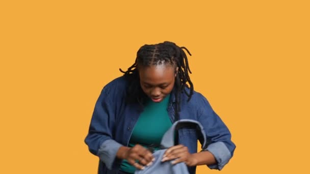 Portrait Happy Woman Searching Backpack Looking School Materials Studio Background — Stock Video