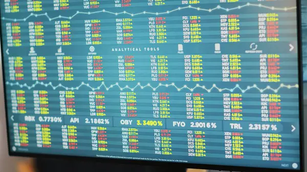 Close Shot Telephone Office Desk Computer Monitor Showing Stock Exchange — Stock Photo, Image