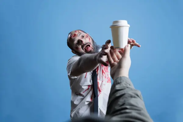 Person Unable Function Properly Coffee Trying Grab Cup Man Fueled — Stock Photo, Image