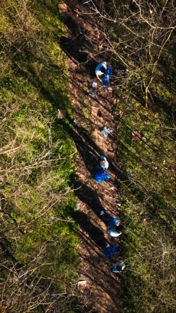 Drone Záběr Aktivistů Tým Úklid Recyklace Odpadků Lese Pracuje Vyčištění — Stock video