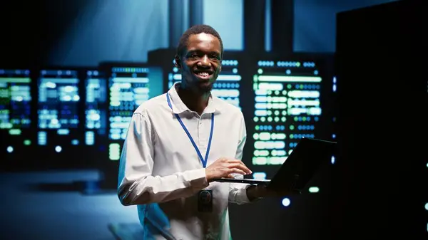 Technician Making Sure High Tech Facility Data Servers Appropriately Equipped — Stock Photo, Image