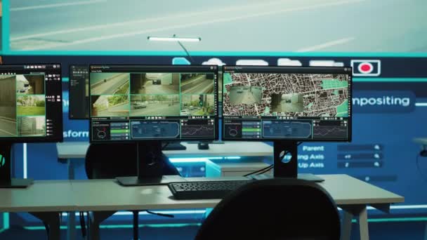 Prázdná Pozorovací Místnost Plná Kanceláří Využívaných Pro Sledování Bezpečnostních Kamer — Stock video