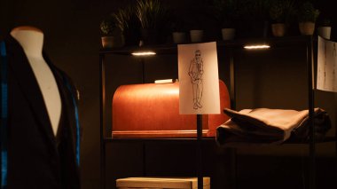 Eskizlere ve el sanatları, tekstil endüstrisi, enstrümanlar ve dikiş makineleri için kullanılan aletlere sahip boş bir atölye. Kıyafet çizimleri ve endüstriyel ekipmanlarla moda atölyesi.