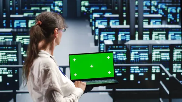 stock image Older worker in server farm equipped to handle modern computing requirements, doing regular upgrades to infrastructure, increasing processing power and storage capacity to prevent problems