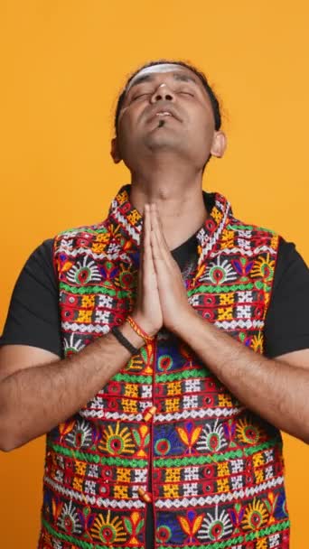 Vertical Video Pious Indian Man Praying His God Asking Forgiveness — Vídeo de Stock