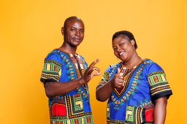 Smiling Cheerful Couple Showing Thumb Symbol Gesture Portrait Man Woman — kuvapankkivalokuva