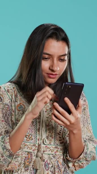 Vertical Video Woman Happily Scrolling Phone Touchscreen Check Social Media — Vídeo de Stock