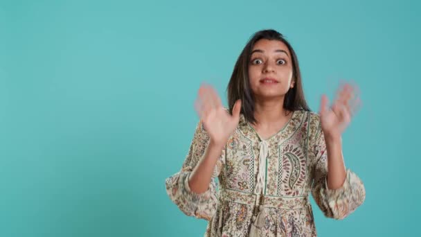 Stern Indian Woman Doing Stop Hand Gesture Sign Complaining Authoritative — Vídeos de Stock