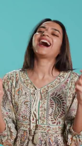 Vertical Video Portrait Upbeat Indian Woman Crossing Fingers Making Wish — Wideo stockowe