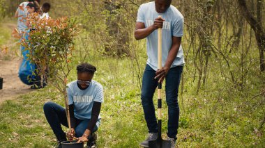 Afrikalı Amerikalı gönüllüler çukur kazıyor, ormana ağaç dikiyor, çöp temizliyor ve doğa yetiştirme kavramı için toprağa tohum ekiyor. Koruma projesi. Kamera A.