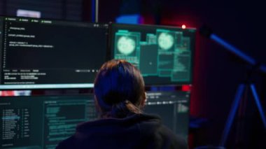 Bilgi çaldıktan sonra çevrimiçi aktiviteleri saklamayı başardıktan sonra gizli bir mekandaki mutlu hacker kutlaması. Kötü amaçlı yazılım ve kamera B kullanarak kurbanlara başarılı bir şekilde saldırdıktan sonra gururlanan neşeli dolandırıcı.