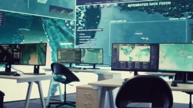 Alarm alabilmek için büyük ekran donanımlı boş askeri hava aracı kontrol merkezi, yüksek teknolojili ekipmanlarla çalışan uydu radar görüntüleri. Federal Silahlı Kuvvetler Merkezi Gizli Servisi.