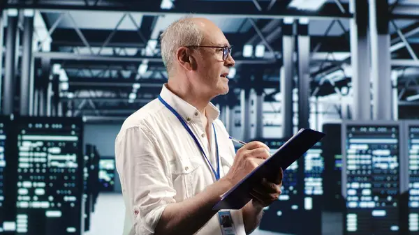 Stock image Elderly engineer looking around high tech data center, using clipboard to crosscheck disaster recovery plan and assess server components in need of replacement, preventing failures