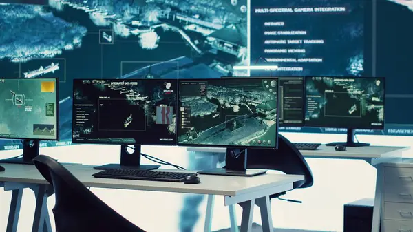 Boş askeri servis karargahı tehditleri veya ulusal güvenlik alarmlarını takip etmek için kullanılır. Federal bir teşkilat için yüksek teknolojili ekipmanlar. Geniş ekranlı, telekomünikasyonlu ordu komuta merkezi..