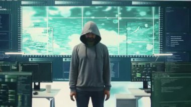 Hükümet hacker 'ı bir bilgisayar ağında güvenli verilerle çalışır. Casusluk ajansı büyük ekranda. Dijital tehditlere ve veri sızıntılarına karşı korunmak için siber güvenlik önlemleri. Kamera B.