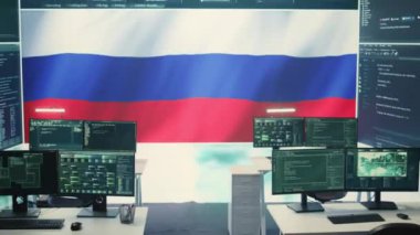 Rus bayrağını büyük ekranda gösteren yüksek teknoloji izleme odası, siber savaş ve propaganda konsepti. Rus ideolojisi, sahte haberler ve uluslararası siber çatışmalar üzerinde duruluyor. Yanlış anlama. Kamera B.