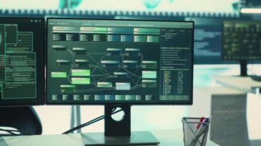 Yüksek teknoloji donanımlı siber güvenlik izleme odası. Hükümet siber operasyonlar, siber gözetim ve boş bir komuta çalışma alanındaki dijital tehditlere odaklanıyor. Kamera A.