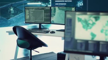 Dünya haritasında keşif ve gözetleme için kullanılan büyük bir ekranı ve çalışma istasyonları olan boş bir askeri komuta merkezi. Ordu istihbarat ekipmanları, CCTV görüntüleri, federal ajans..
