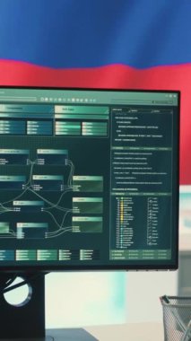 Büyük ekranda Rus bayrağı olan dikey video izleme ve hackleme odası siber casusluğu ve dijital manipülasyonu temsil ediyor. Rus hükümeti propaganda ve yanlış bilgilendirme üzerine çalışıyor.