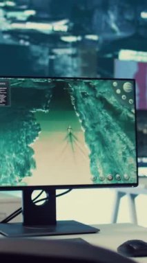 Küresel tehditleri takip etmek için kullanılan dikey video askeri kontrol merkezi büyük bir ekranda, boş bir federal istihbarat teşkilatı ulusal güvenlik uyarılarıyla ilgileniyor. Devlet Operasyon Odası