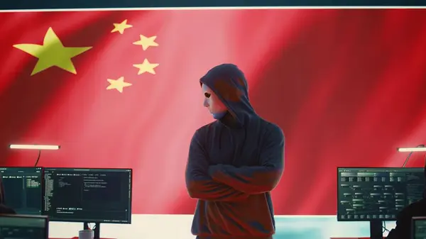 stock image Chinese anonymous hackers group supervises criminal activity and propaganda in Chinese cybersecurity center with the national flag. Spreading fake news about the autocracy and dictatorship. Camera B.