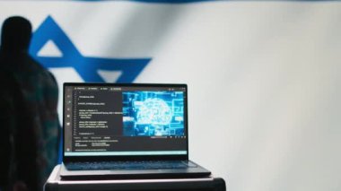 İsrail devletinin terör saldırılarını önlemek için kullandığı dizüstü bilgisayardaki yapay zeka yazılımı. Mossad tarafından sınırları korumak için kullanılan yapay zeka teknolojisi, İsrail bayrağı üzerinde izole edilmiş, kamera B