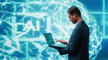 Bilgisayar bilimci dizüstü bilgisayardaki görevleri çözüyor, yapay zeka programlama senaryoları çalıştırıyor. Yapay zeka uygulamalarının geliştirilmesi için kod satırlarını değiştiren mühendis, kamera A