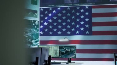 Gizli bilgileri ve devlet sırlarını koruyan bir Amerikan bayrağıyla boş izleme odası. Terörle mücadele taktikleriyle ülkeyi koruyan ajans. Askeri kontrol merkezi. Kamera A.