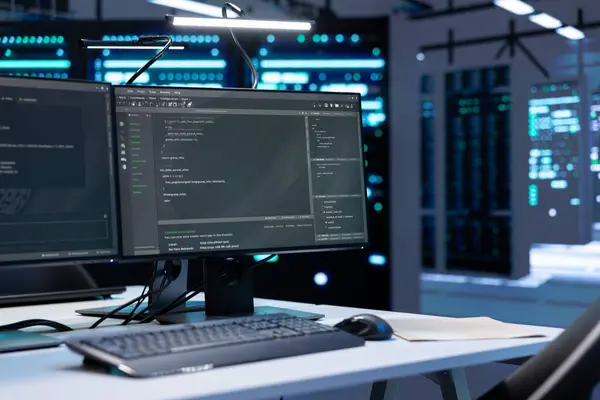 stock image Computers in data center facility used for managing rackmounts energy consumption. PCs in high tech establishment used for automation and monitoring processes in server room, close up