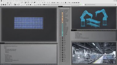 Fabrikadaki yüksek teknoloji üretimi sırasında güneş panellerini taşıyıcı bantlarda hareket ettiren 3 boyutlu yazılım üreticisi. Fotovoltaik fabrikasındaki platformları kontrol etmek için kullanılan 3 boyutlu animasyon