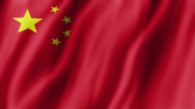 Çin ulusal bayrağının animasyon döngüsü, kırmızı alan ve beş sarı yıldız, el sallıyor. Çin Cumhuriyeti halkı rüzgarda dalgalanıyor, propaganda için kullanılıyor, 3D